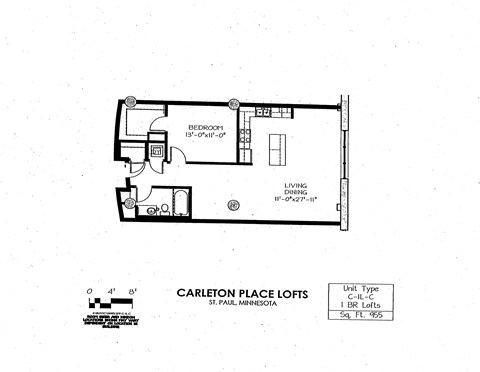 Floor plan for 1 bed, 1 bath, 955 sqft